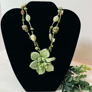 Artisan Handmade Boho Floral Statement Necklace - Earthy Sage & Mint